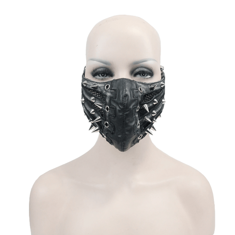 Black Mask with Spikes and Mesh in Punk Style / PU Leather Masks with Rubber Bands to Grip the Ear