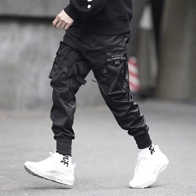Black Men's Cargo Pants With Ribbons / Print-Pocket Joggers / Men's Cotton Streetwear - HARD'N'HEAVY