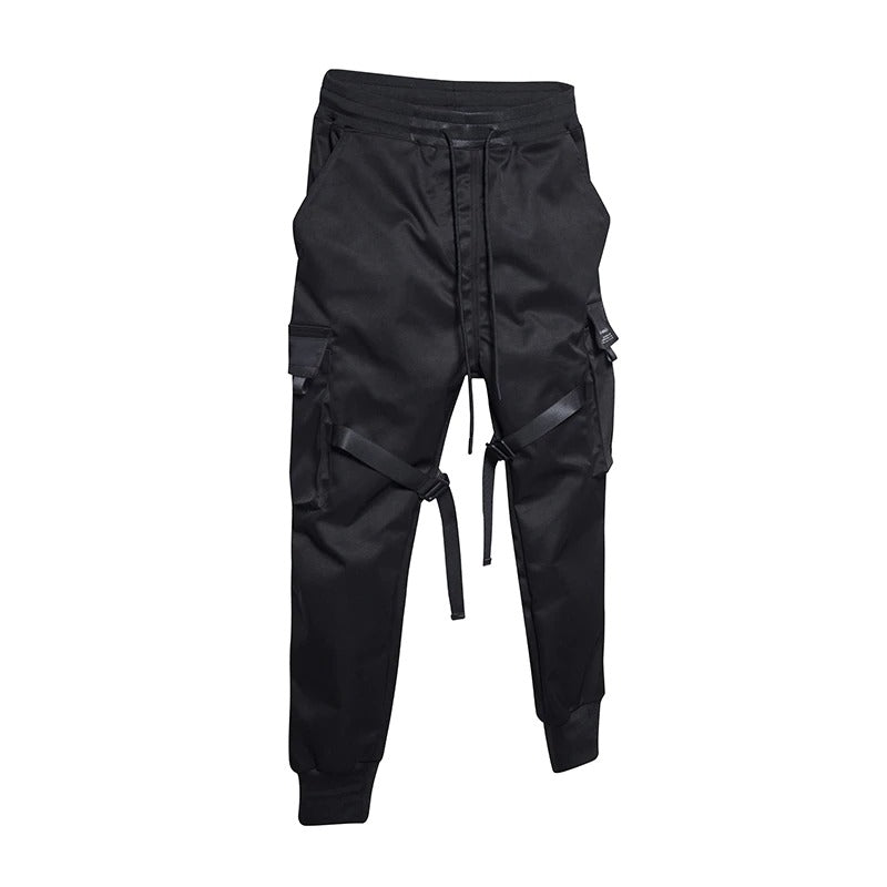 Black Men's Cargo Pants With Ribbons / Print-Pocket Joggers / Men's Cotton Streetwear - HARD'N'HEAVY