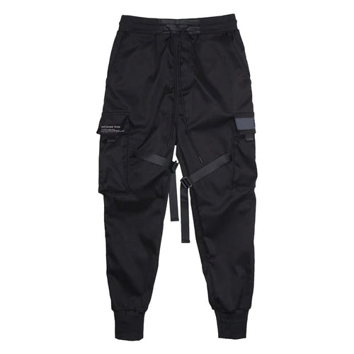 Pantalon cargo noir pour hommes avec rubans / Joggers à poches imprimées