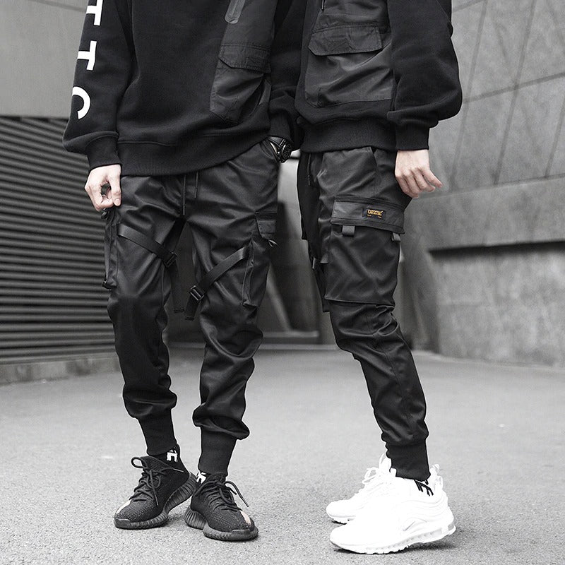 Black Men's Cargo Pants With Ribbons / Print-Pocket Joggers / Men's Cotton Streetwear - HARD'N'HEAVY