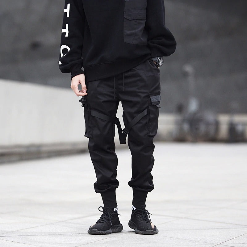 Black Men's Cargo Pants With Ribbons / Print-Pocket Joggers / Men's Cotton Streetwear - HARD'N'HEAVY