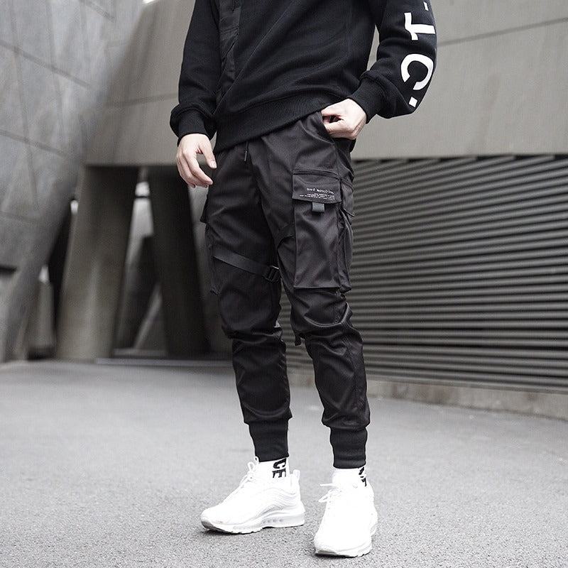 Black Men's Cargo Pants With Ribbons / Print-Pocket Joggers / Men's Cotton Streetwear - HARD'N'HEAVY