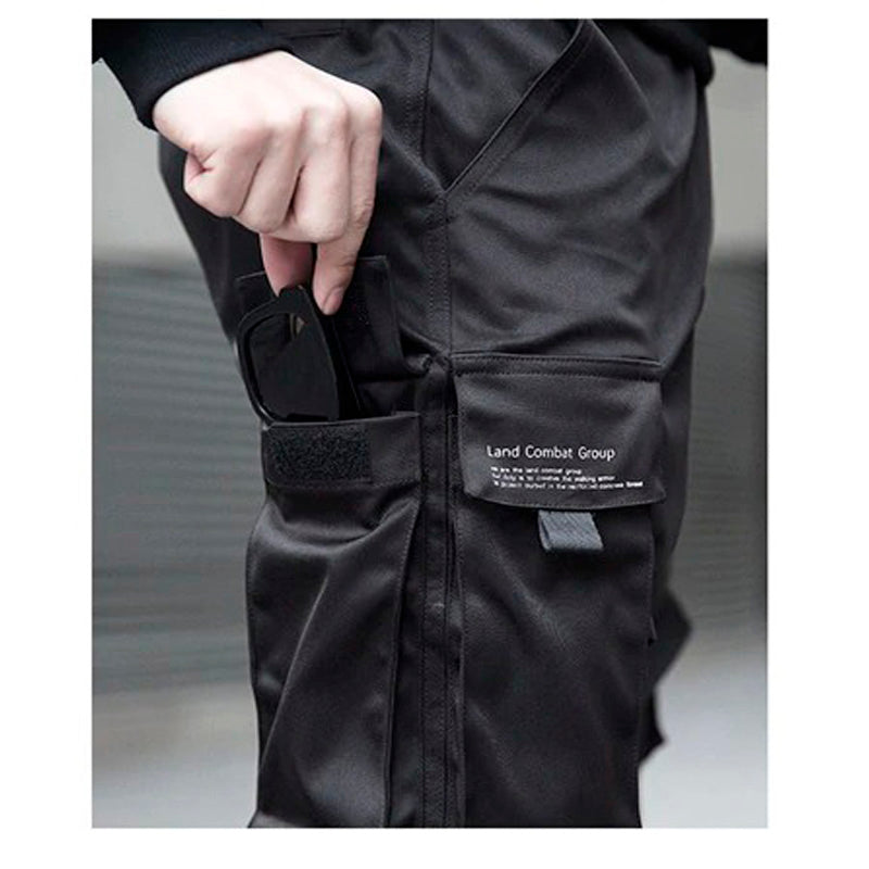 Black Men's Cargo Pants With Ribbons / Print-Pocket Joggers / Men's Cotton Streetwear - HARD'N'HEAVY