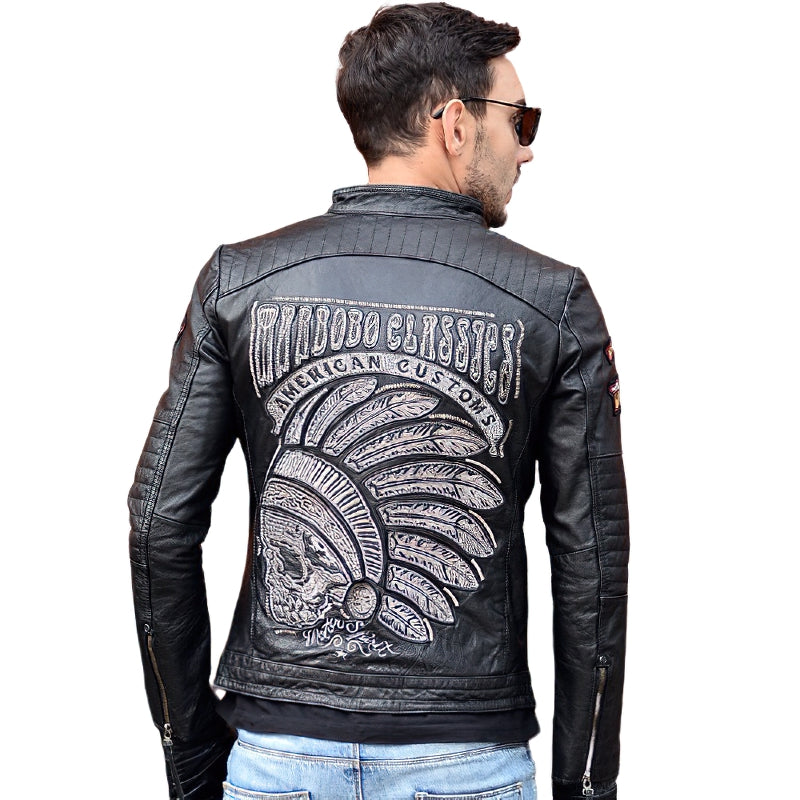 Black Men's Genuine Leather Motorcycle Jacket With Indian Skull Embroidery / Vintage Biker Clothing - HARD'N'HEAVY