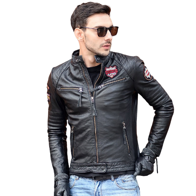 Black men's genuine leather motorcycle jacket with embroidery, stylish biker clothing for casual wear.