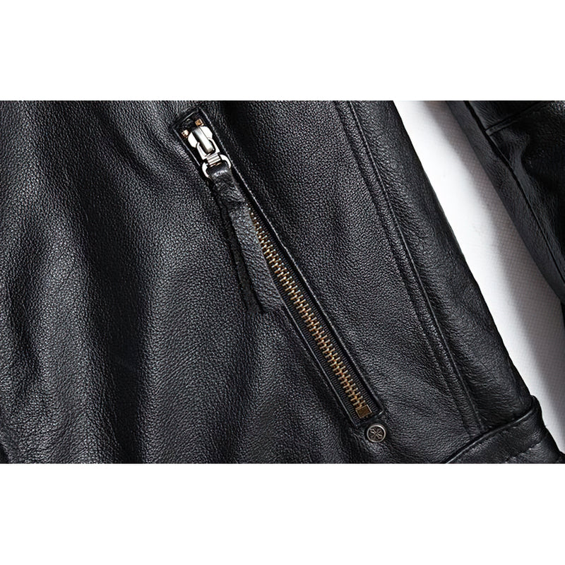 Close-up of the zipper detail on a black men's genuine leather motorcycle jacket with a vintage design.