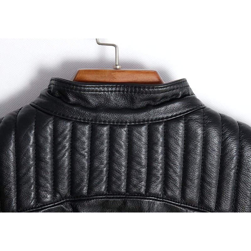 Back view of a black men's genuine leather motorcycle jacket with quilted detailing on the collar.