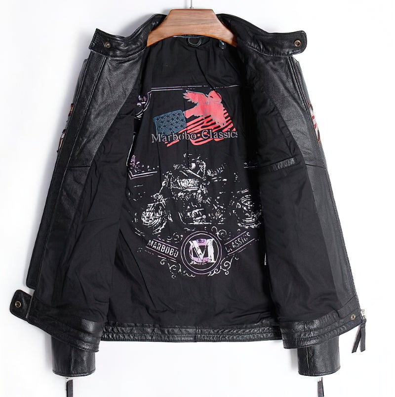 Inside view of a black leather motorcycle jacket featuring vibrant Marlboro Classics graphic and comfortable lining.