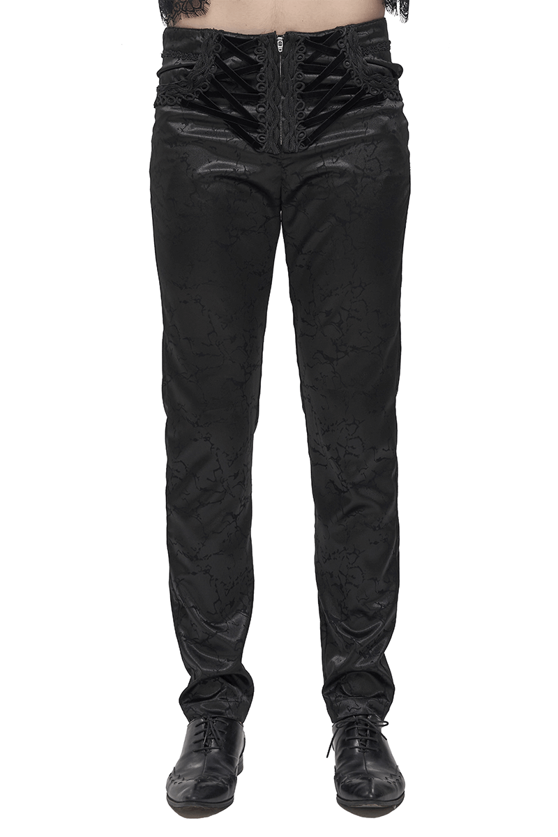 Men's black gothic slim-fit pants with zipper front and lace-up details for a stylish vintage look.