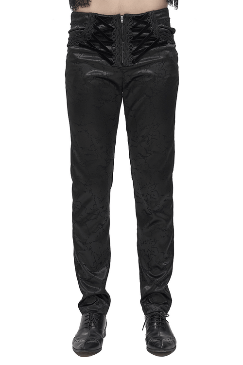 Pantalon avant à glissière gothique pour hommes noirs avec lacets et dentelles / Pantalon coupe droite longue vintage