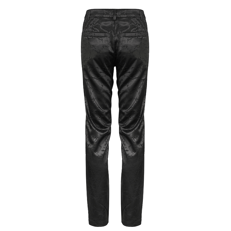 Back view of black men's gothic zipper front pants with lace-up, vintage long straight fit trousers.