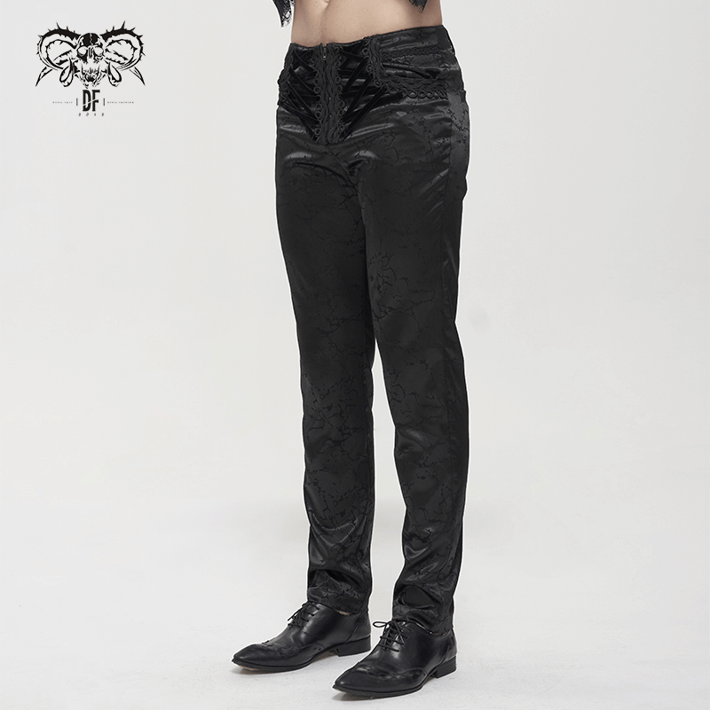 Men's black gothic zipper front pants with lace-up detail, offering a vintage slim-fit style.