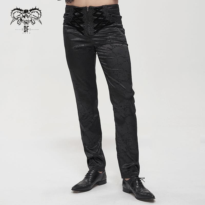 Men's black gothic zipper front pants with lace-up design, featuring vintage style and slim-fit cut for a striking look.