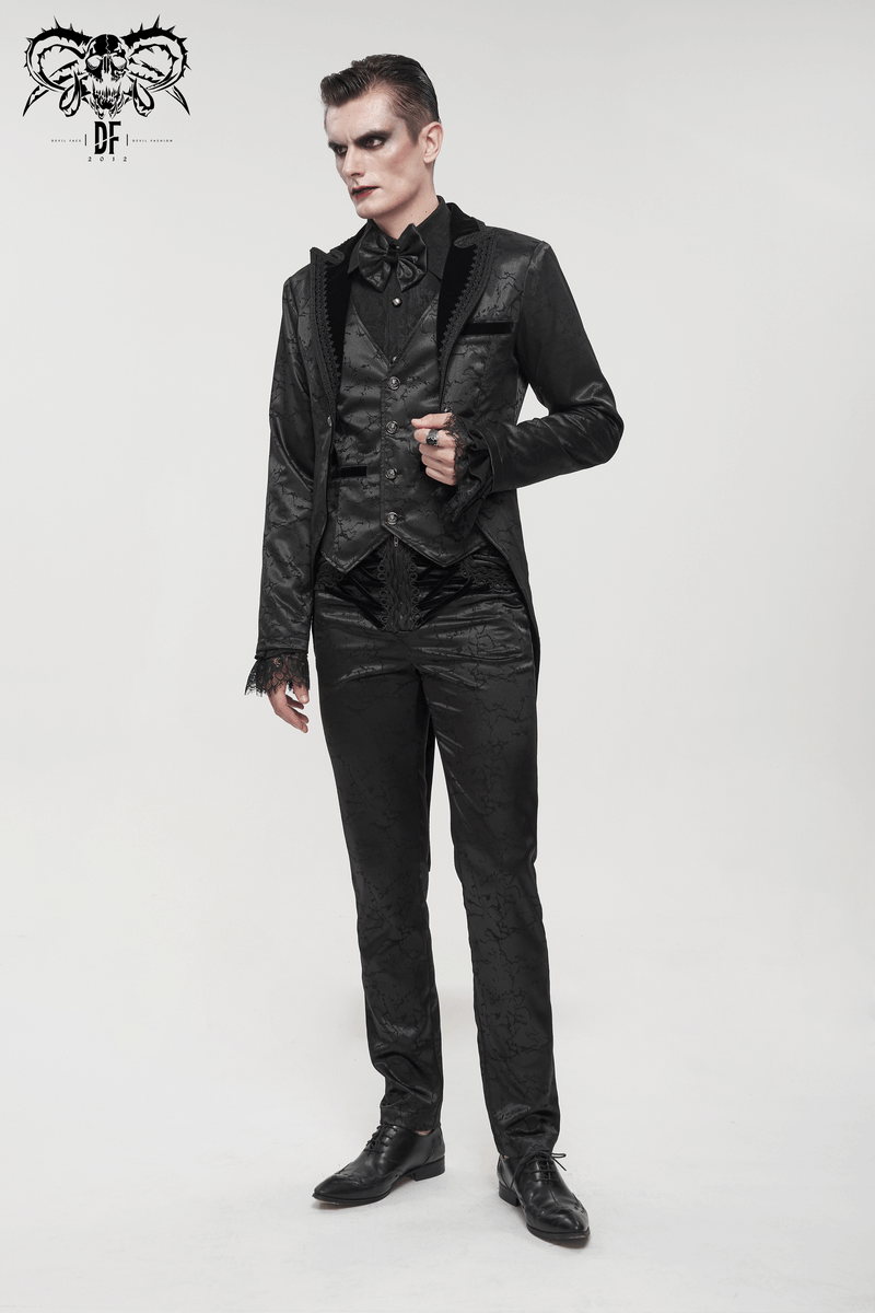 Stylish man in black gothic outfit, featuring a fitted jacket and trousers, perfect for vintage fashion lovers.