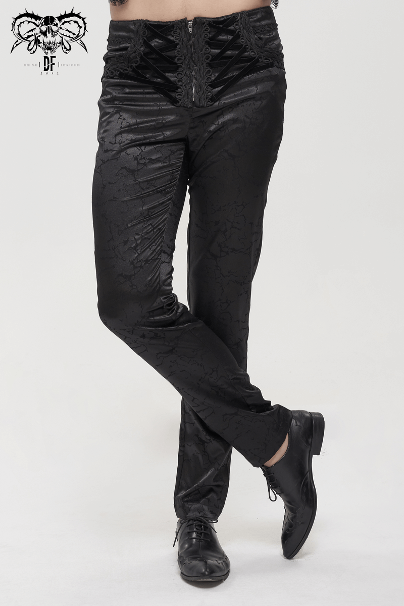 Black men's gothic slim-fit pants with zipper and lace-up detail, perfect for a vintage style.
