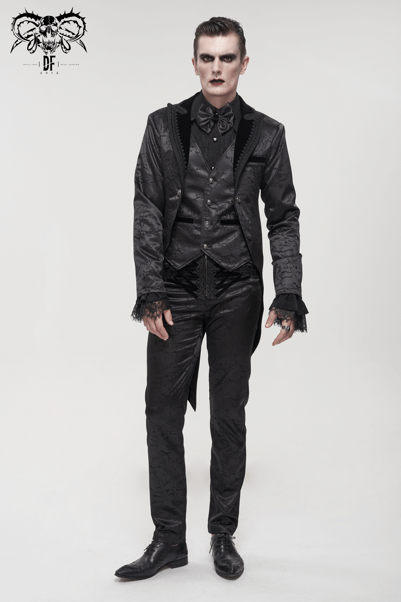 Stylish black men's gothic outfit featuring a fitted suit, vintage design, and edgy lace-up details.