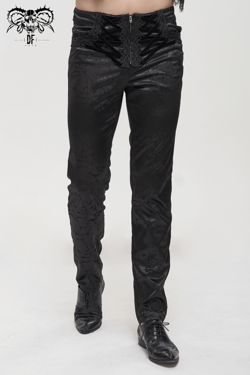 Men's black gothic slim-fit zipper front pants with lace-up details and vintage design, perfect for a stylish look.
