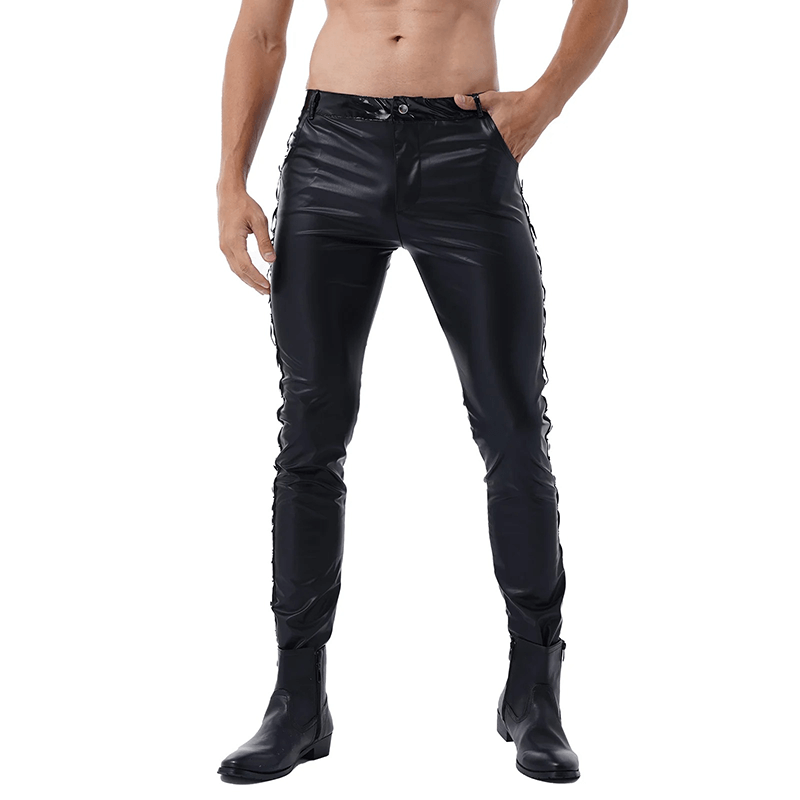 Black Men's Low Waist PU Leather Shiny Pants / Tight Performance Trousers - HARD'N'HEAVY