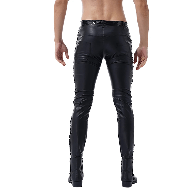 Black Men's Low Waist PU Leather Shiny Pants / Tight Performance Trousers - HARD'N'HEAVY