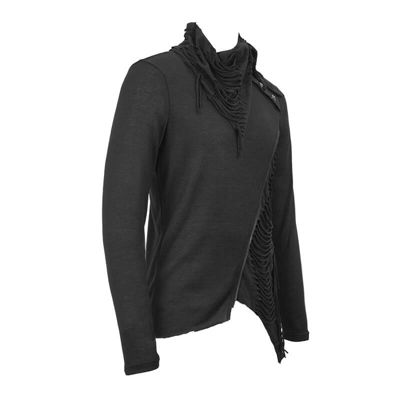 Black Men's Punk Gothic Fitted Soft Sweatshirt / Asymmetrical Tops Fold-Over Collar & Oblique Zipper - HARD'N'HEAVY