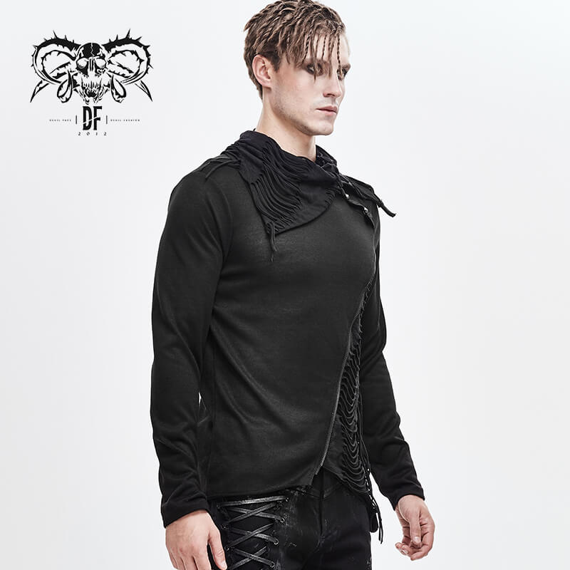 Black Men's Punk Gothic Fitted Soft Sweatshirt / Asymmetrical Tops Fold-Over Collar & Oblique Zipper - HARD'N'HEAVY