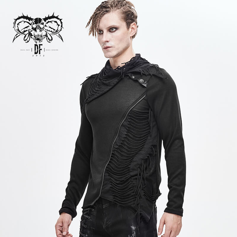 Black Men's Punk Gothic Fitted Soft Sweatshirt / Asymmetrical Tops Fold-Over Collar & Oblique Zipper - HARD'N'HEAVY