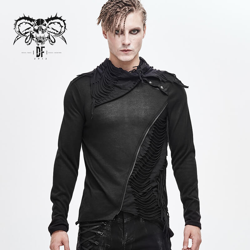 Black Men's Punk Gothic Fitted Soft Sweatshirt / Asymmetrical Tops Fold-Over Collar & Oblique Zipper - HARD'N'HEAVY