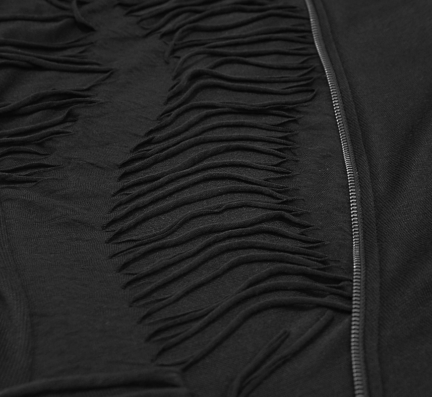 Close-up of black men's punk sweatshirt showing stylish fringed design along the asymmetrical cut.
