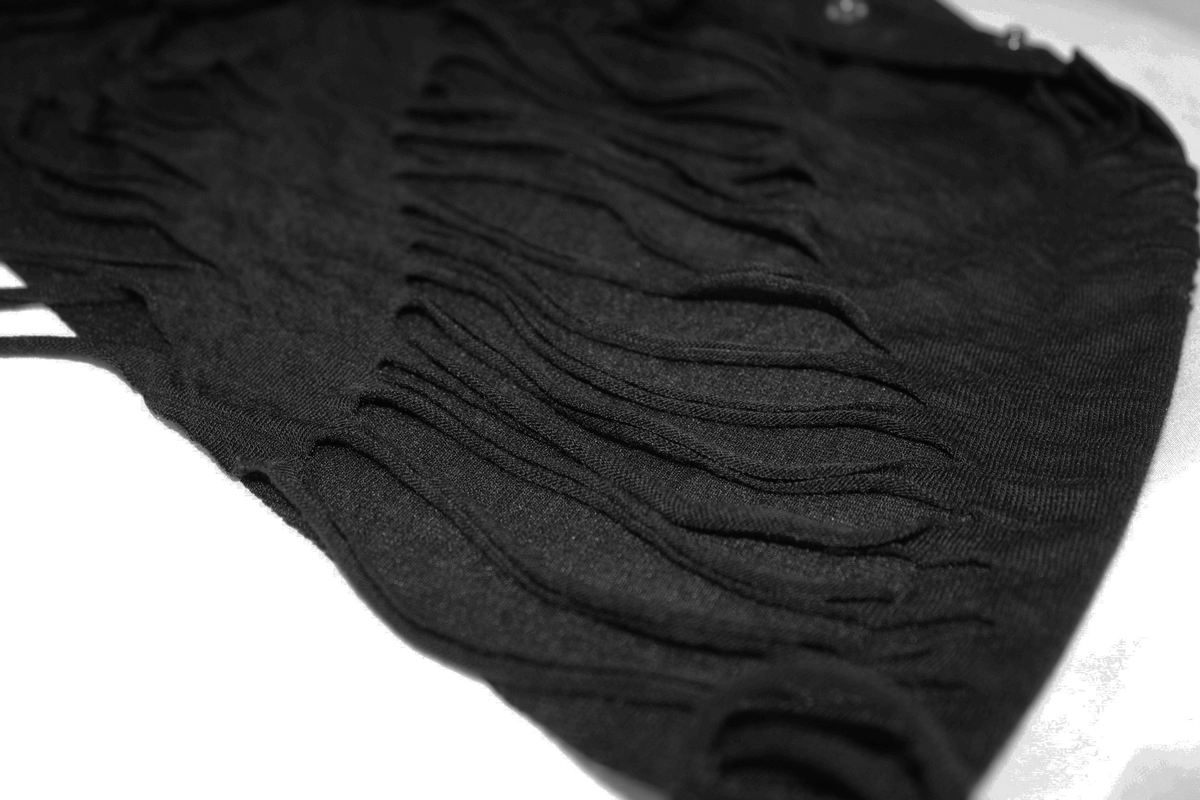 Close-up of the black men's punk gothic fitted sweatshirt featuring an asymmetrical cut and stylish fringe design.