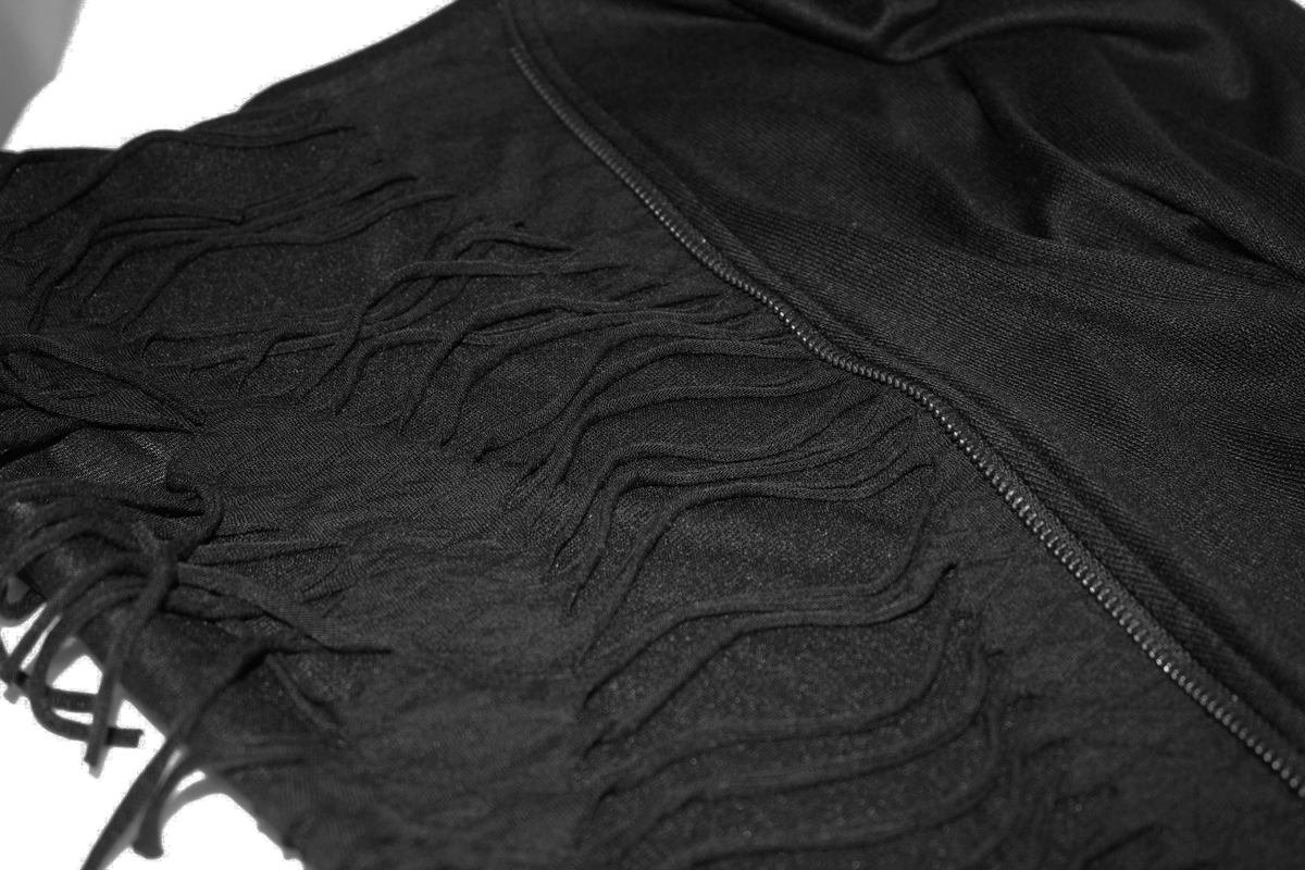 Close-up of black men's punk sweatshirt showcasing fringed design and asymmetrical cut for modern style.