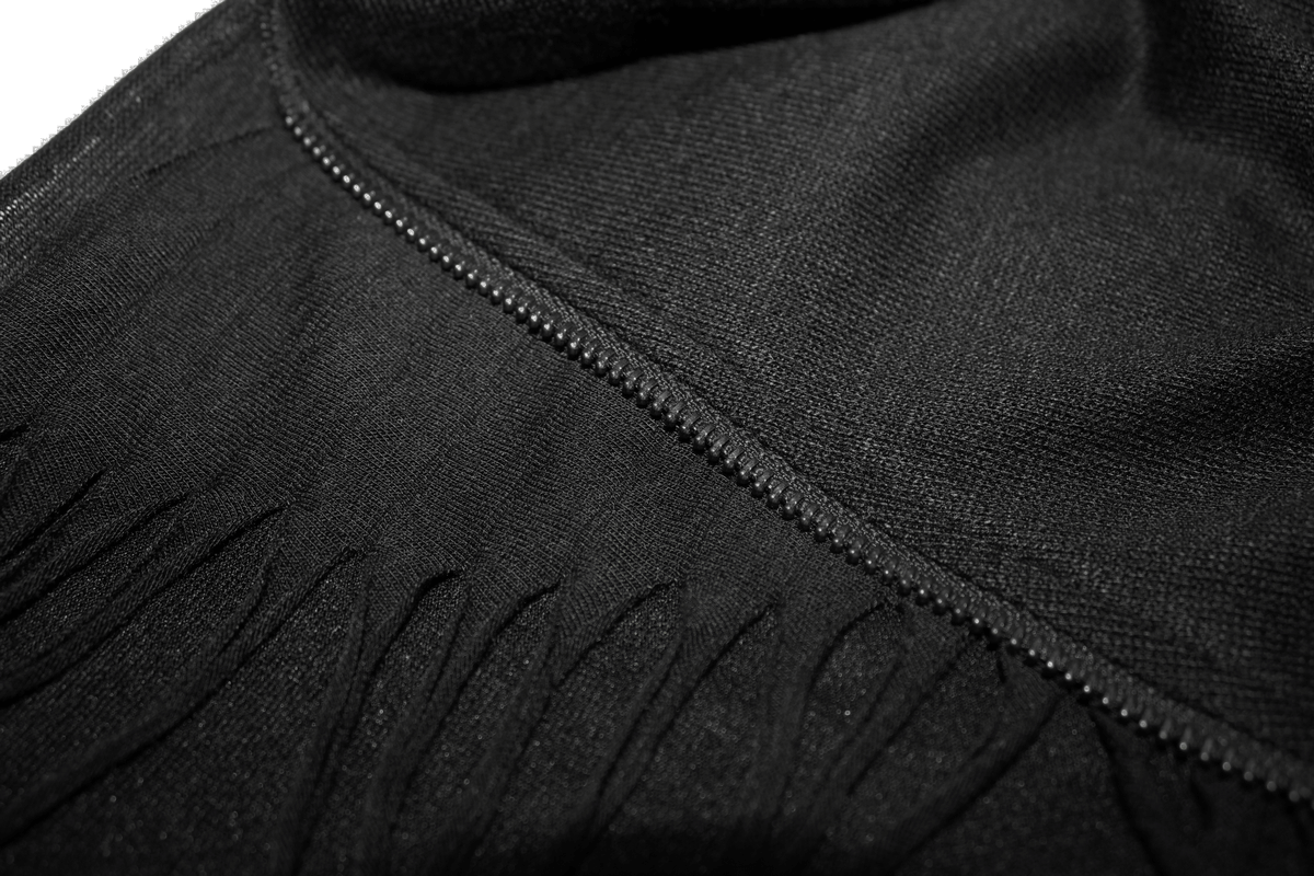 Close-up of a black men's punk gothic sweatshirt showing asymmetric design and zipper details.