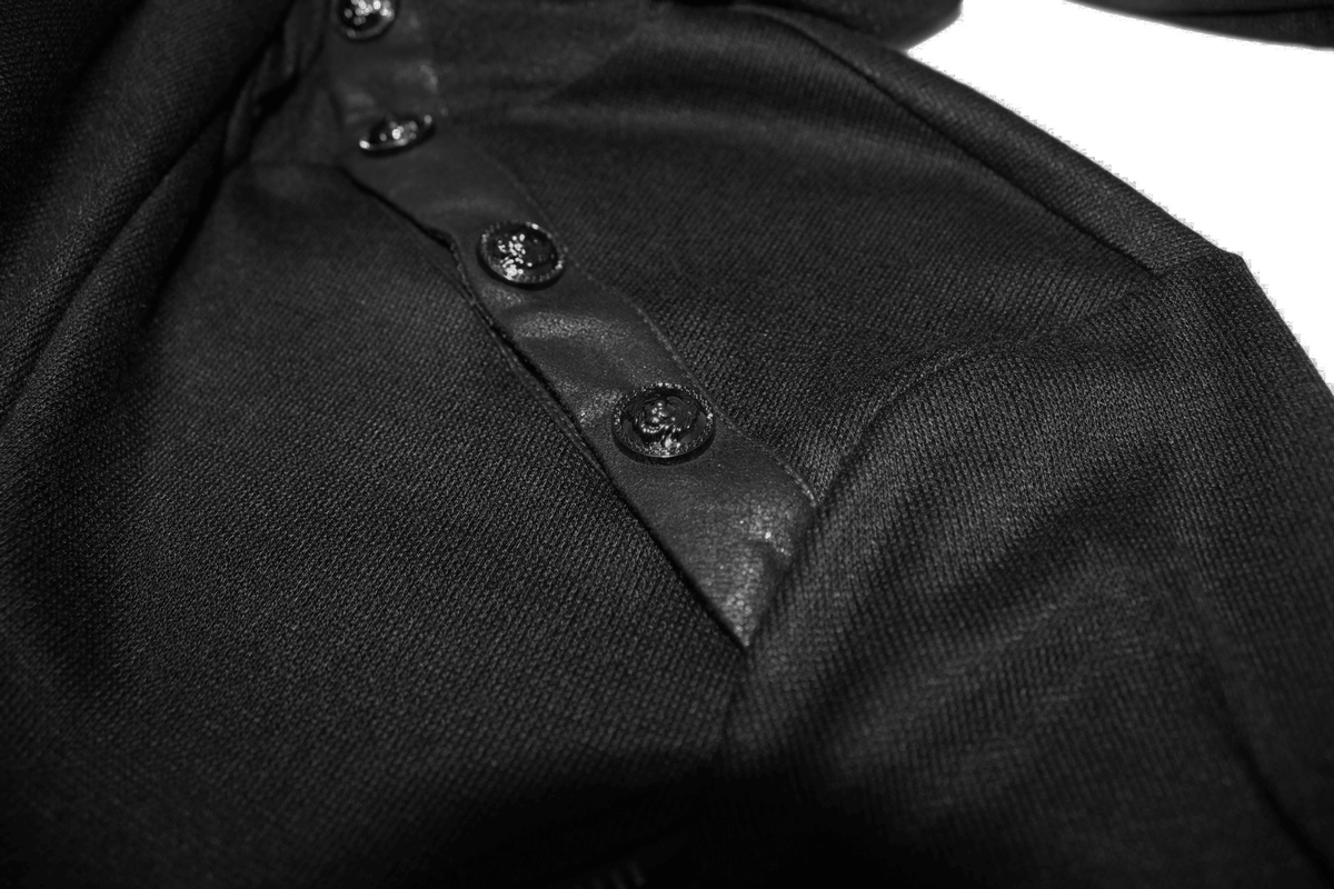 Close-up of black men's punk sweatshirt showcasing stylish button details and unique fabric texture.
