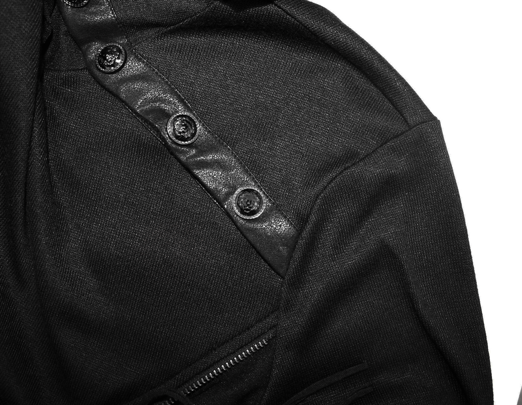 Close-up of black men's punk gothic sweatshirt with asymmetrical cut and stylish button detail.