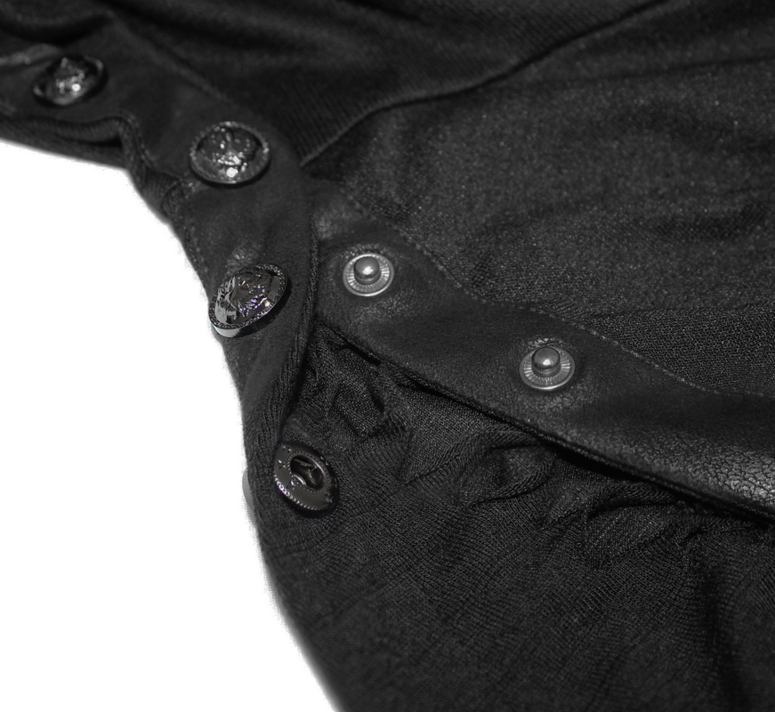 Close-up of black men's sweatshirt buttons showcasing punk style and asymmetric design details.