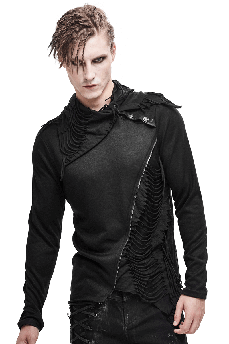 Stylish black men's punk gothic sweatshirt with asymmetrical cut and unique ruffle design, perfect for a daring wardrobe.