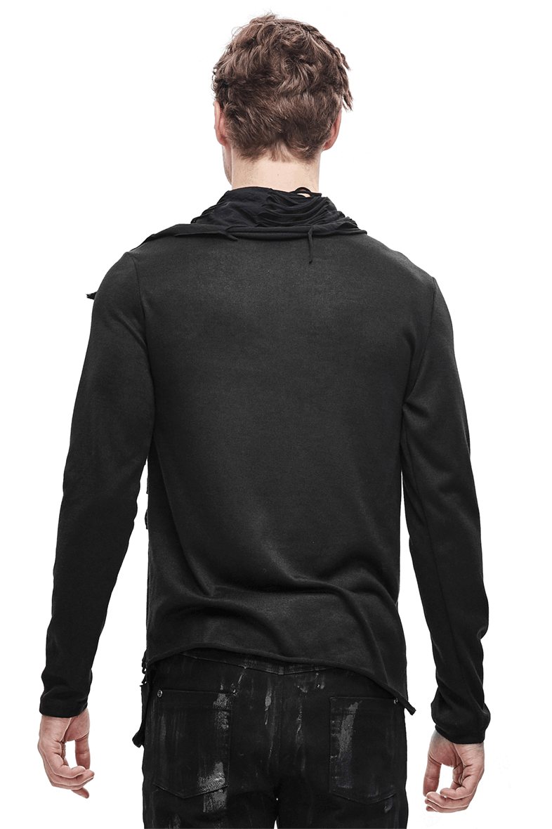 Black Men's Punk Gothic Fitted Soft Sweatshirt / Asymmetrical Tops Fold-Over Collar & Oblique Zipper - HARD'N'HEAVY