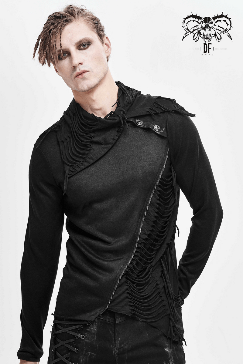 Black Men's Punk Gothic Fitted Soft Sweatshirt / Asymmetrical Tops Fold-Over Collar & Oblique Zipper - HARD'N'HEAVY