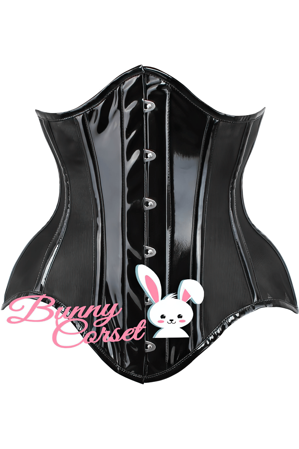 Black mesh and PVC corset with steel boning and lacing for waist training and shaping.