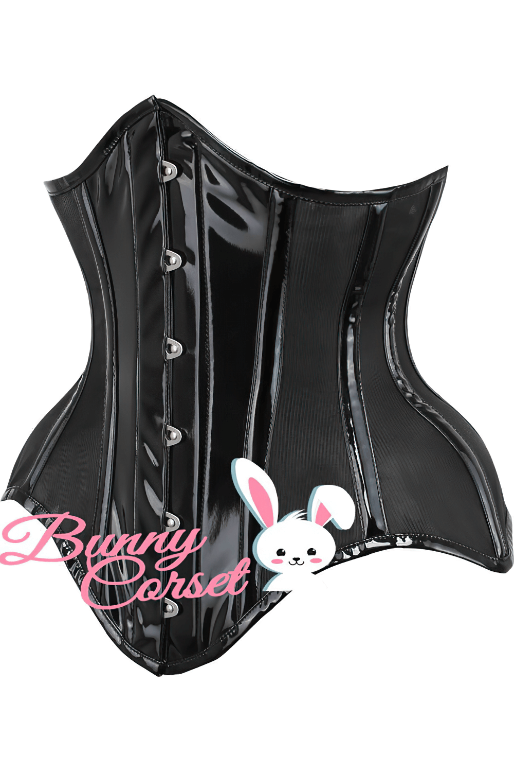 Black PVC and mesh corset with steel boning, lacing, and metal busk closure for waist training.