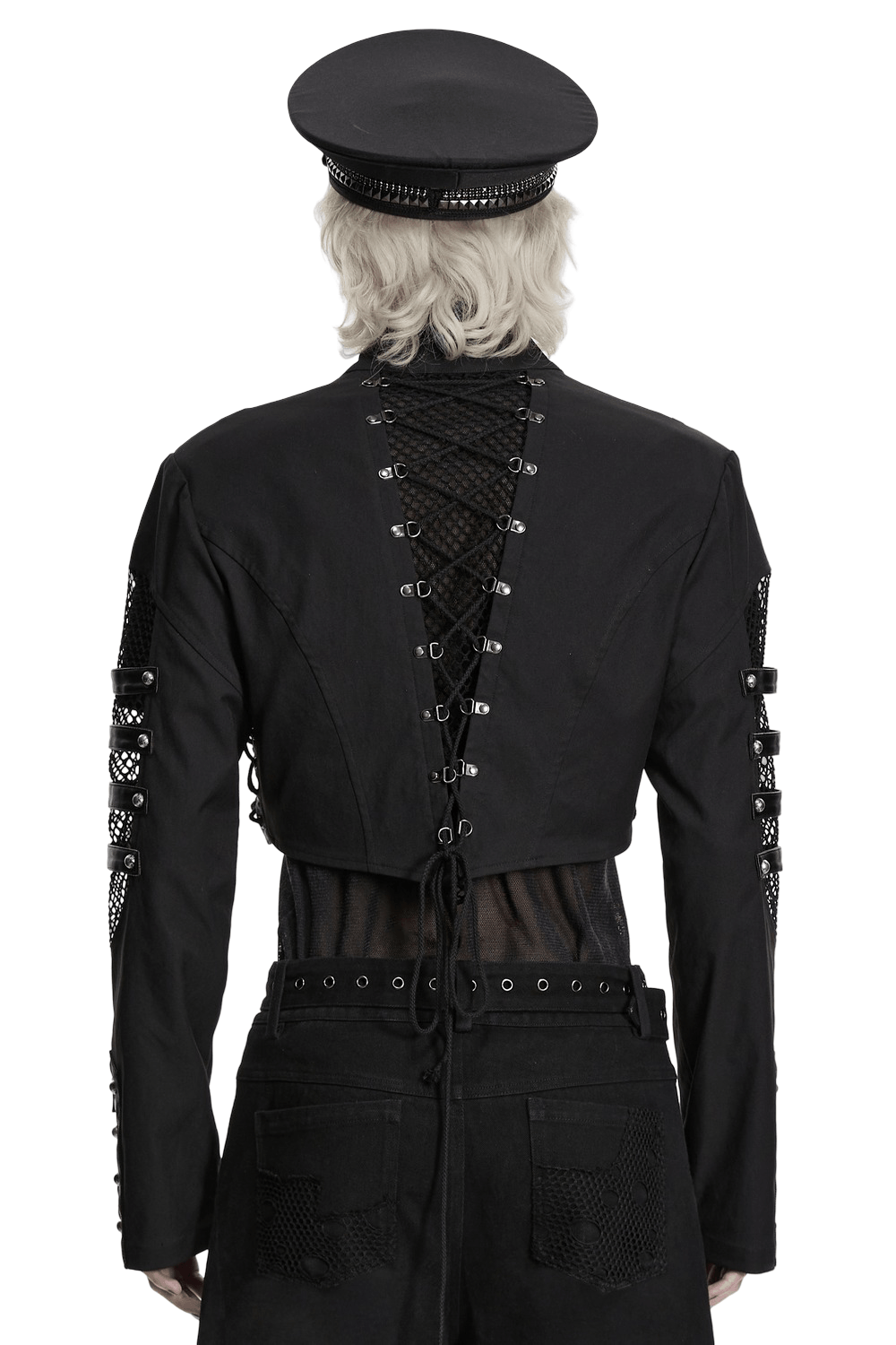 Black Mesh Buckle Punk Cropped Jacket with Straps
