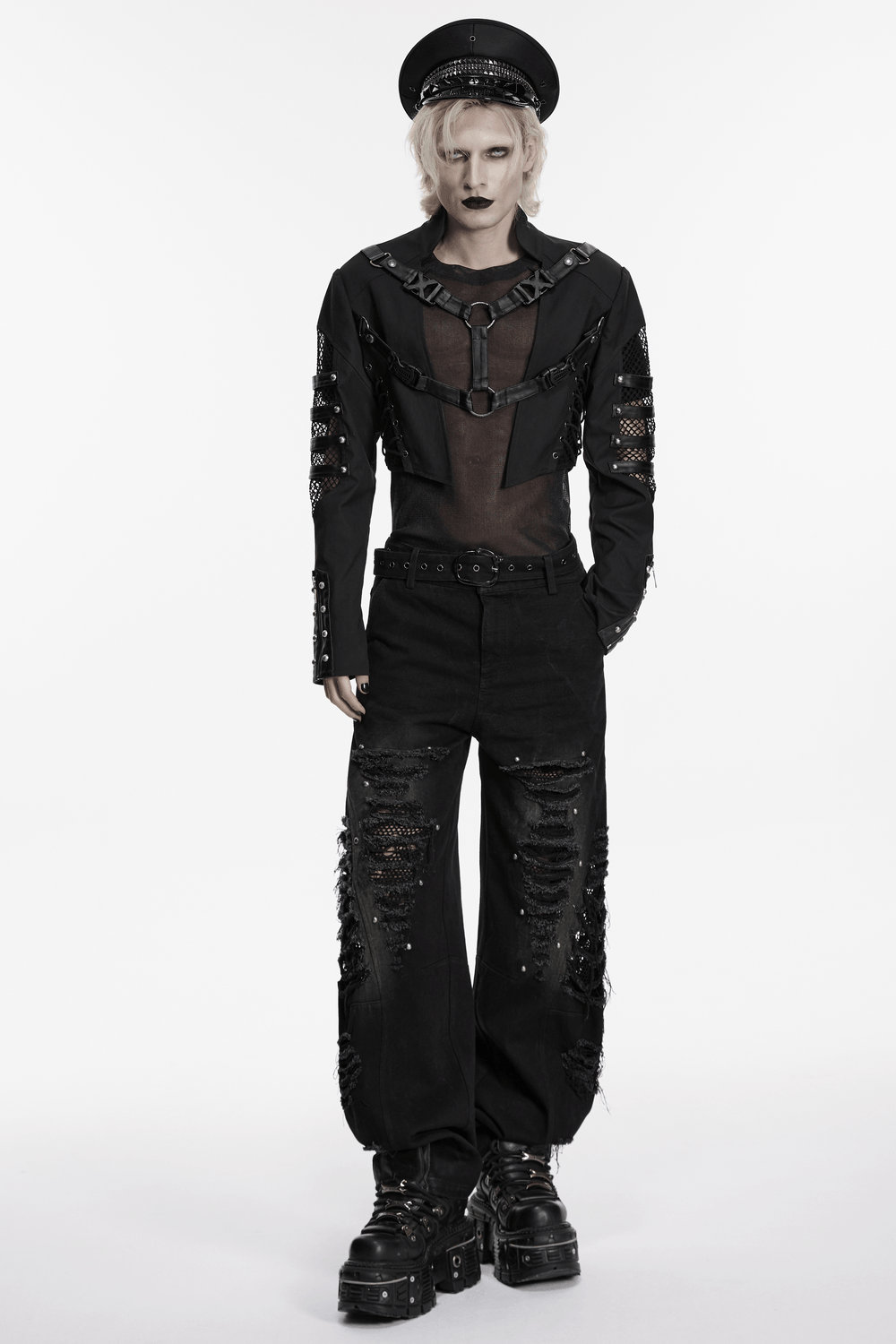 Black Mesh Buckle Punk Cropped Jacket with Straps