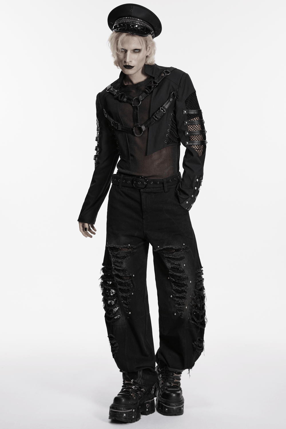 Black Mesh Buckle Punk Cropped Jacket with Straps