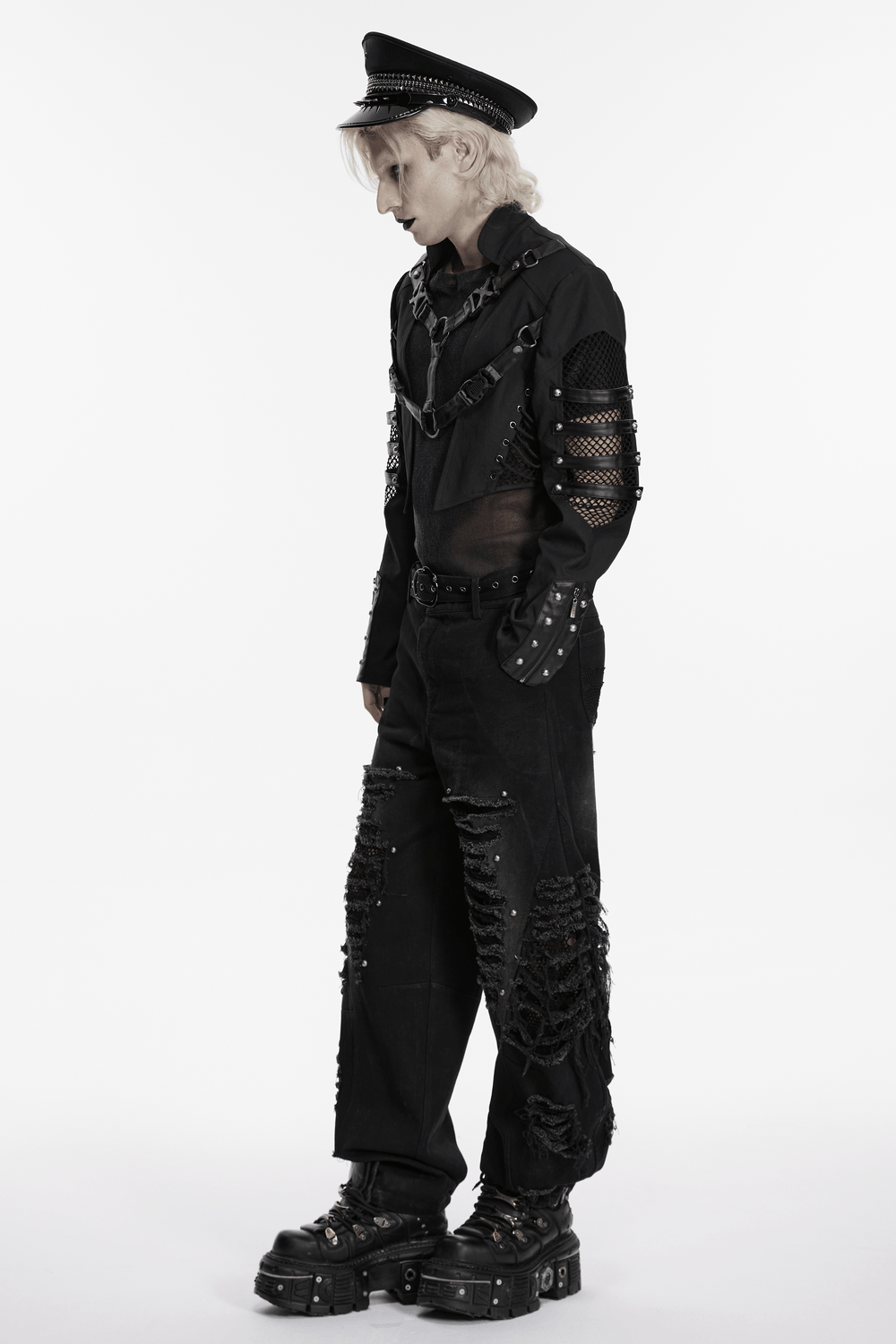 Black Mesh Buckle Punk Cropped Jacket with Straps