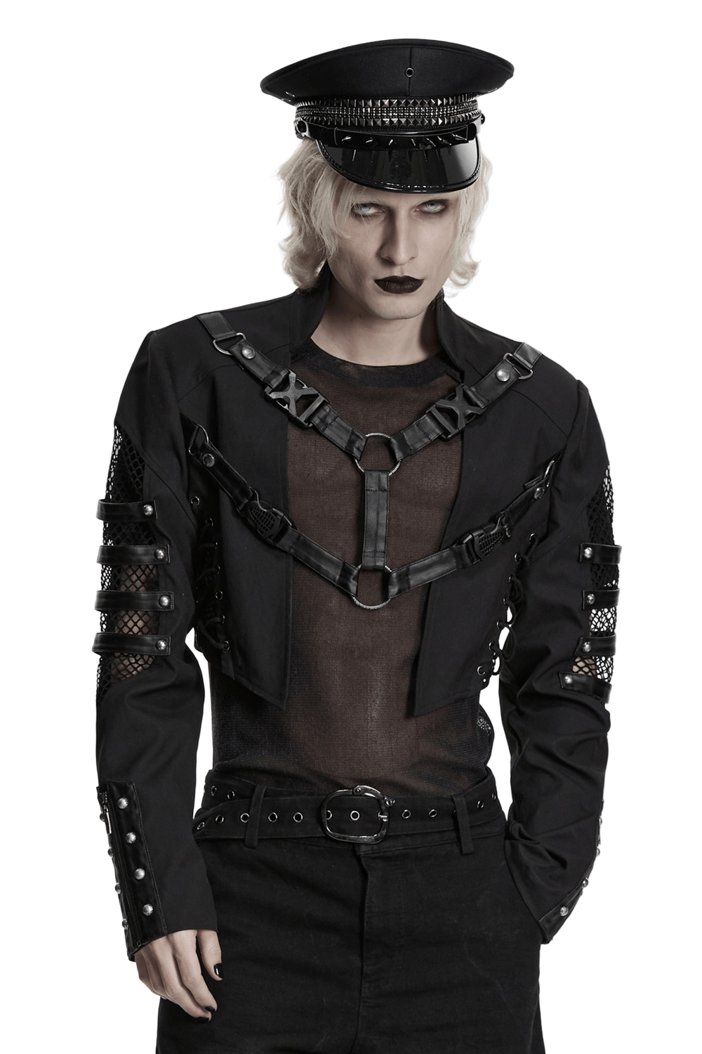 Black Mesh Buckle Punk Cropped Jacket with Straps