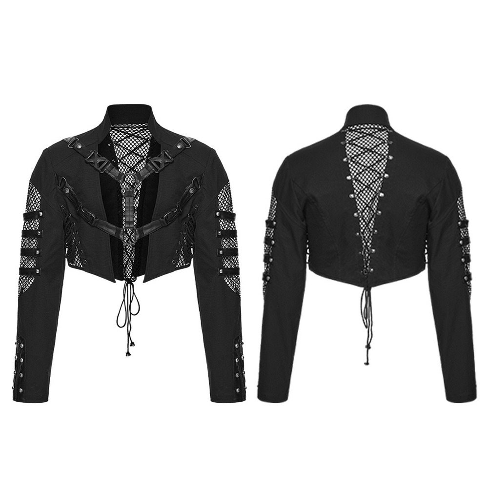 Black Mesh Buckle Punk Cropped Jacket with Straps