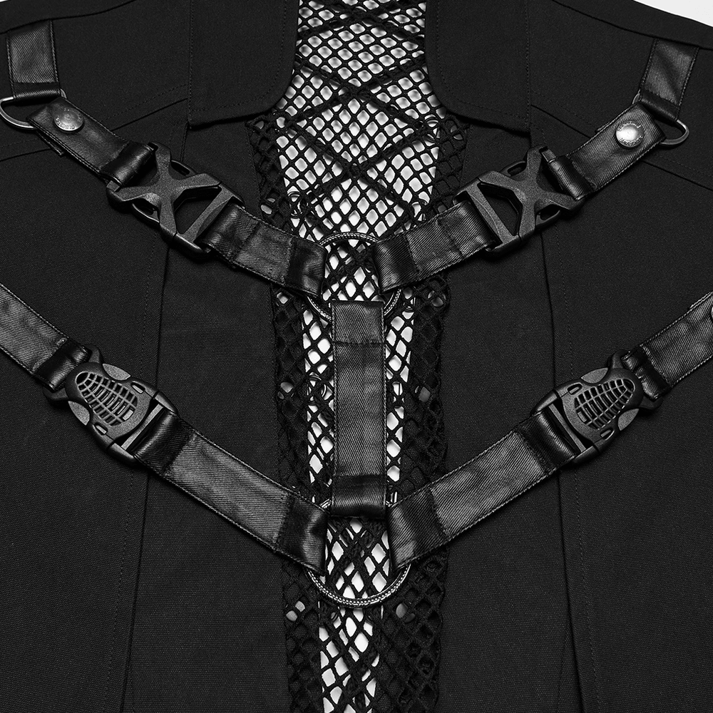 Black Mesh Buckle Punk Cropped Jacket with Straps