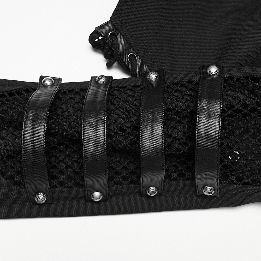 Black Mesh Buckle Punk Cropped Jacket with Straps