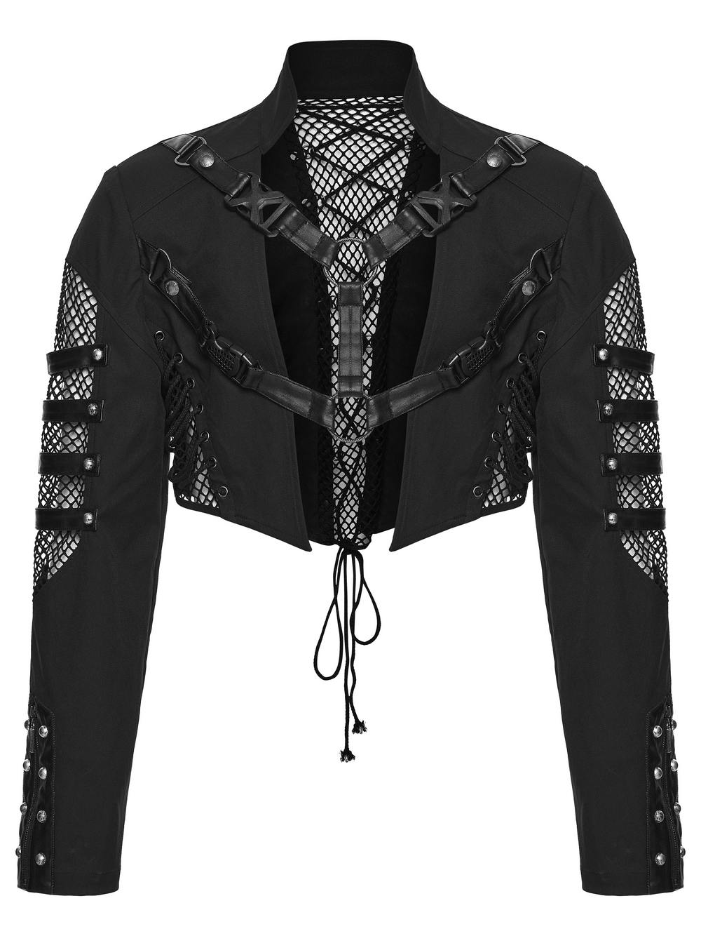 Black Mesh Buckle Punk Cropped Jacket with Straps