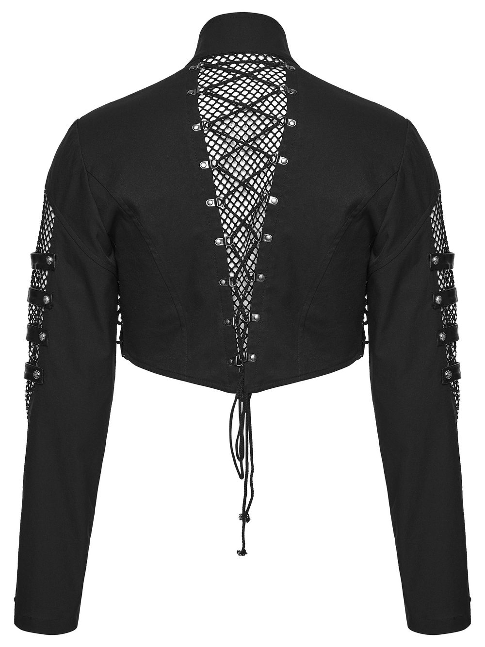 Black Mesh Buckle Punk Cropped Jacket with Straps